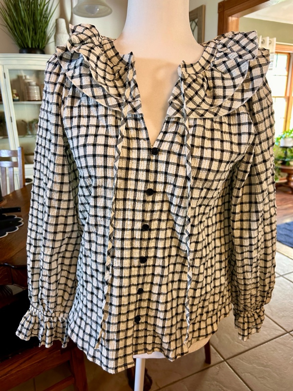 Anthropologie Black and White Checked Ruffle Button-Up Blouse